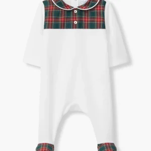 Babygrow Veludo Gola com Xadrez para Bebé - Branco