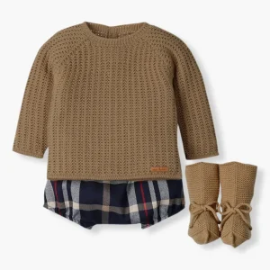 Conjunto de Malha e Algodão Xadrez para Bebé 3pc - Bege