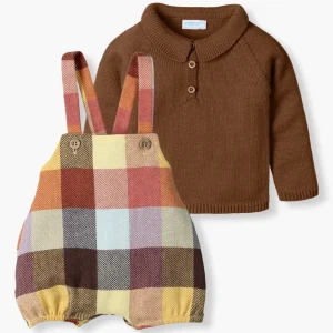 Fofo com Camisola de Malha e Lã Xadrez Bebé 2pc - Castanho