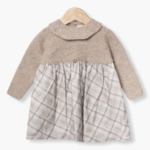 Vestido em Lã Merino e Algodão Xadrez Bebé Menina - Bege