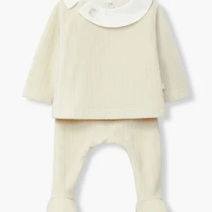 Conjunto em Veludo com Gola Coelho para Bebé 2pc - Bege