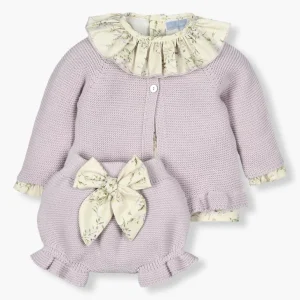 Conjunto de Malha e Algodão Bebé Menina 3pc - Lavanda e Bege
